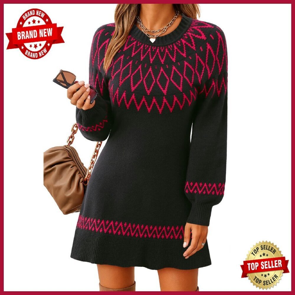 Knit Sweater Dress Lantern Sleeve Ribbed Pullover Winter Mini